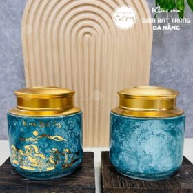 Hũ đựng trà gốm sứ dáng trụ thấp men hỏa biến thiên xanh dương họa tiết mã đáo thành công BT-HĐT10