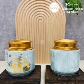 Hũ đựng trà dáng trụ thấp men hỏa biến thiên xanh ngọc thuận buồm xuôi gió BT-HĐT08