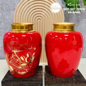 Hũ đựng trà gốm sứ dáng trụ tròn màu đỏ họa tiết hoa sen BT-HĐT07