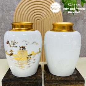 Hũ đựng trà gốm sứ dạng trụ tròn màu trắng họa tiết hồ gươm BT-HĐT06