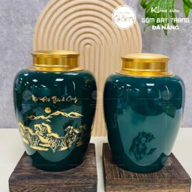 Hũ đựng trà gốm sứ dáng trụ tròn màu xanh coban họa tiết mã đáo thành công BT-HĐT05