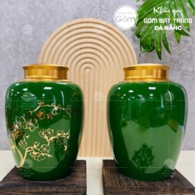 Hũ đựng trà gốm sứ dáng trụ tròn màu xanh lá họa tiết nhánh đào BT-HĐT04