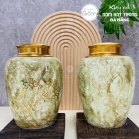 Hũ đựng trà gốm sứ dáng trụ tròn men hỏa biến thiên nâu họa tiết nhánh đào BT-HĐT03