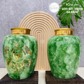 Hũ đựng trà gốm sứ dáng trụ tròn men hỏa biến thiên xanh lá họa tiết chữ lộc BT-HĐT02