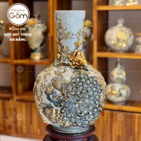 Tỏi bình miệng tròn họa tiết công đào vẽ vàng men rạn bát tràng BT-LT02