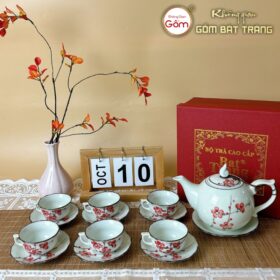 Bộ ấm chén Bát Tràng dáng mẫu đơn hoa đào đỏ BT_BAT88