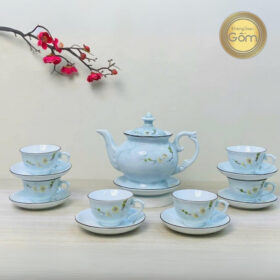 Bộ ấm chén vân đá xanh dương hoa đào trắng BT-BAT90