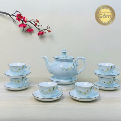 Bộ ấm chén vân đá xanh dương hoa đào trắng BT-BAT90