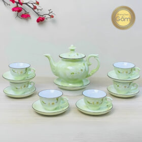 Bộ ấm chén vân đá xanh lá cây họa tiết hoa đào trắng BT-BAT91