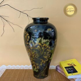 Lọ chân thon cao màu đen hoạ tiết hoa phù dung BT-BH72