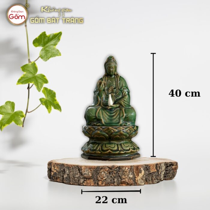 Tượng Quan Âm tọa đài sen màu xanh lục bảo gốm sứ Bát Tràng BT-TP23 - Ảnh 2