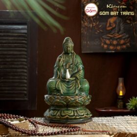 Tượng Quan Âm tọa đài sen màu xanh lục bảo gốm sứ Bát Tràng BT-TP23