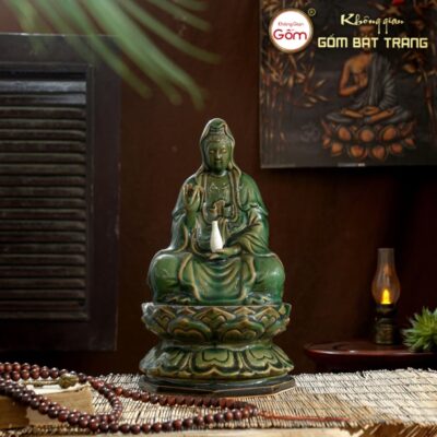 Tượng Quan Âm tọa đài sen màu xanh lục bảo gốm sứ Bát Tràng BT-TP23