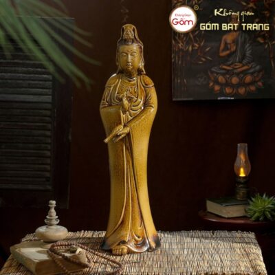 Tượng Bồ Tát Quan Thế Âm màu nâu gốm sứ Bát Tràng BT-TP24