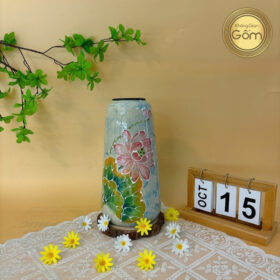 Bình hoa dáng màu xanh loang đu đủ vẽ tay hoa sen BT-BH89