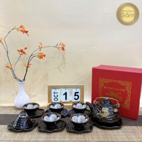 Bộ ấm chén Tô Thanh Sơn hoạ tiết sen cá hoa màu nâu BT-BAT100
