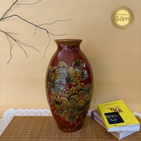 Lọ cổ thắt cao màu đỏ hoạ tiết hoa sen BT-BH76