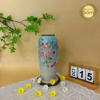 Lọ hoa dáng bom họa tiết hoa đào men xanh gốm sứ Bát Tràng BT-BH104