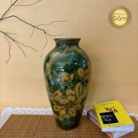 Lọ đùi dế cao màu xanh loang hoạ tiết hoa sen BT-BH77