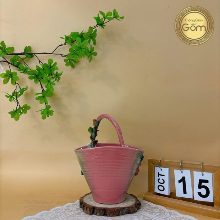 Lọ hoa dáng giỏ xách đắp hoa nổi 4D ngũ sắc gốm sứ Bát Tràng BT-BH109 - Ảnh 3