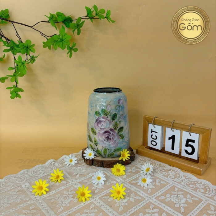 Lọ hoa dáng đu đủ họa tiết hoa hồng tím gốm sứ Bát Tràng BT-BH110
