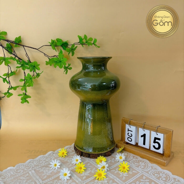 Lọ hoa lồng đèn men cốm khắc hoa lá gốm sứ Bát Tràng BT-BH114 - Ảnh 2