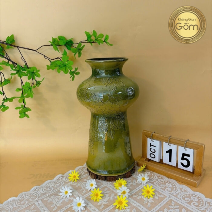 Lọ hoa lồng đèn men cốm khắc hoa lá gốm sứ Bát Tràng BT-BH114 - Ảnh 3