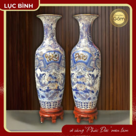 Lục bình hoạ tiết "Phúc Đức" vẽ vàng men lam 1m2 BT-LB18