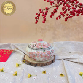 Hũ mứt dáng tròn hoạ tiết hoa đào vẽ tay BT-HM07