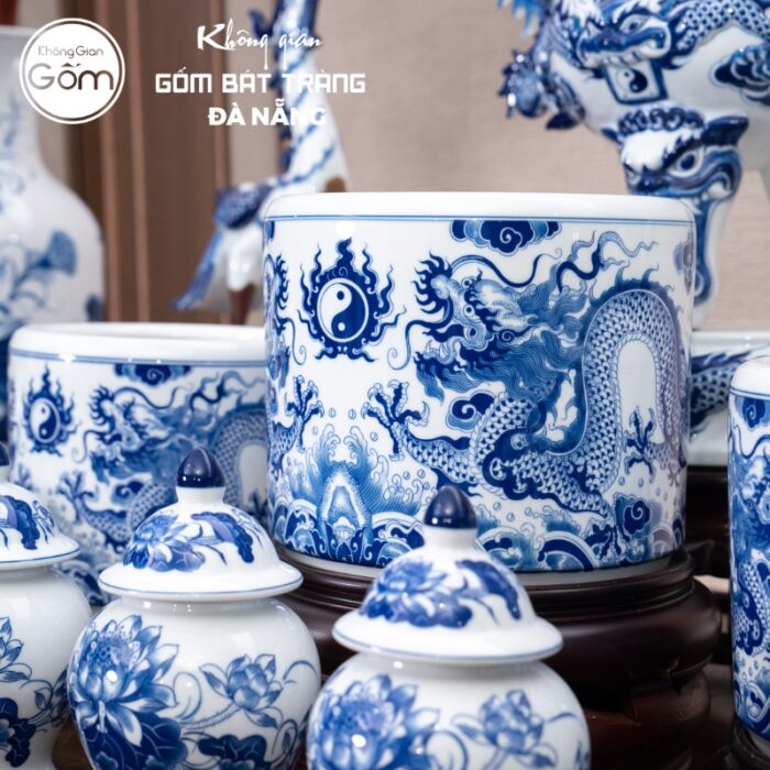 Bộ đồ thờ men lam có đỉnh hạc họa tiết song long liên hoa tại Đà Nẵng BT-BĐT17 - Ảnh 3