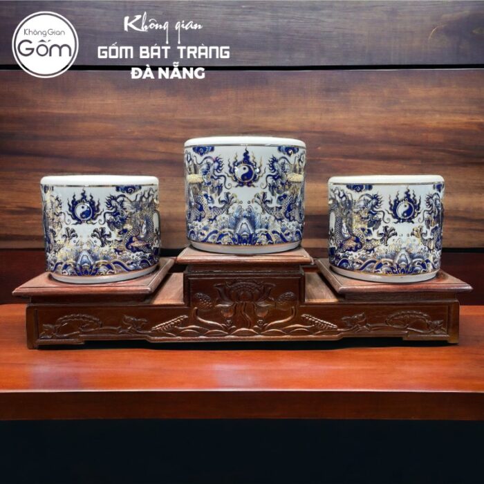 Bộ đồ thờ men lam vẽ vàng họa tiết song long liên hoa BT-BĐT01 - Ảnh 4