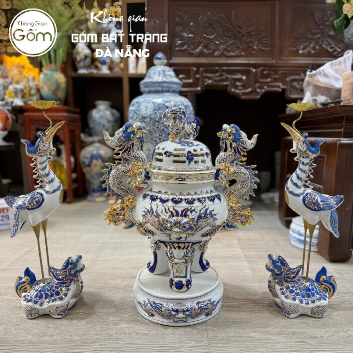Bộ đồ thờ có đỉnh hạc men lam vẽ vàng hoạ tiết song long liên hoa tại Đà Nẵng BT-BĐT23 - Ảnh 2