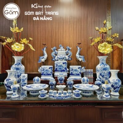 Bộ đồ thờ có đỉnh hạc men lam hoạ tiết liên hoa tại Đà Nẵng BT-BĐT39