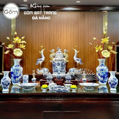 Bộ đồ thờ có đỉnh hạc men lam vẽ vàng hoạ tiết song long liên hoa tại Đà Nẵng BT-BĐT23