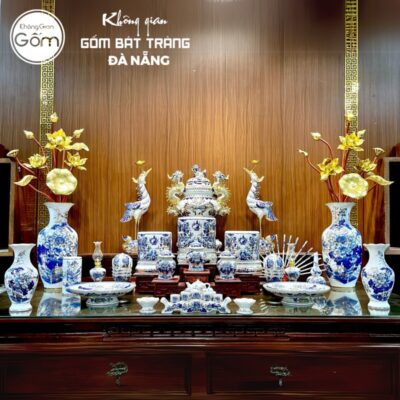 Bộ đồ thờ có đỉnh hạc men lam vẽ vàng hoạ tiết song long liên hoa tại Đà Nẵng BT-BĐT187