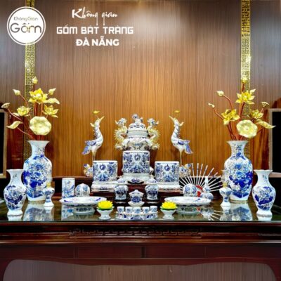 Bộ đồ thờ có đỉnh hạc men lam vẽ vàng hoạ tiết song long liên hoa tại Đà Nẵng BT-BĐT25