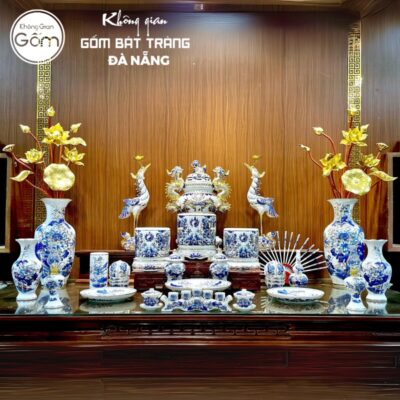 Bộ đồ thờ có đỉnh hạc men lam vẽ vàng hoạ tiết song long liên hoa tại Đà Nẵng BT-BĐT27