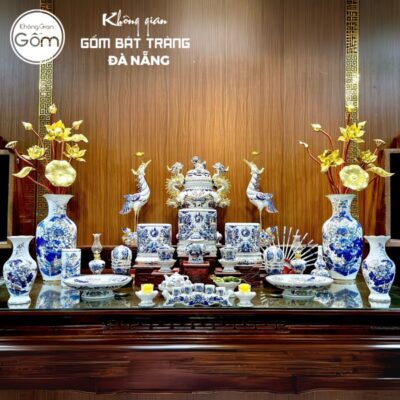 Bộ đồ thờ có đỉnh hạc men lam vẽ vàng hoạ tiết song long liên hoa tại Đà Nẵng BT-BĐT28