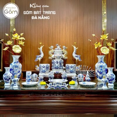 Bộ đồ thờ có đỉnh hạc men lam vẽ vàng hoạ tiết song long liên hoa tại Đà Nẵng BT-BĐT29