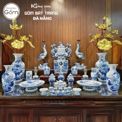 Bộ đồ thờ có đỉnh hạc men lam hoạ tiết song long liên hoa tại Đà Nẵng BT-BĐT33