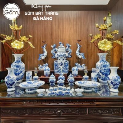 Bộ đồ thờ có đỉnh hạc men lam hoạ tiết song long liên hoa tại Đà Nẵng BT-BĐT34