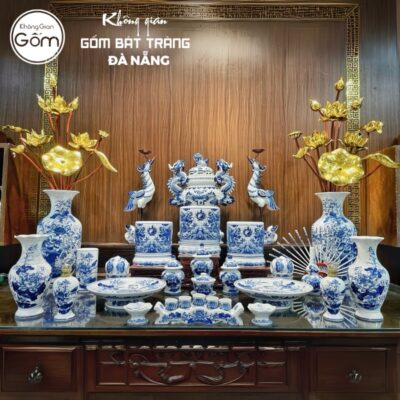 Bộ đồ thờ có đỉnh hạc men lam hoạ tiết song long liên hoa tại Đà Nẵng BT-BĐT41