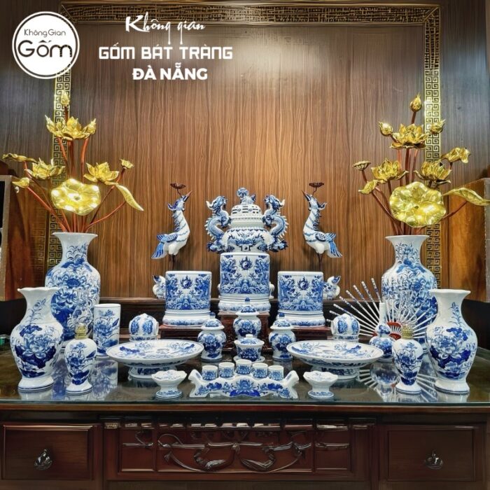 Bộ đồ thờ có đỉnh hạc men lam hoạ tiết song long liên hoa tại Đà Nẵng BT-BĐT41