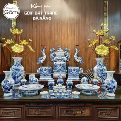 Bộ đồ thờ có đỉnh hạc men lam hoạ tiết song long liên hoa tại Đà Nẵng BT-BĐT42