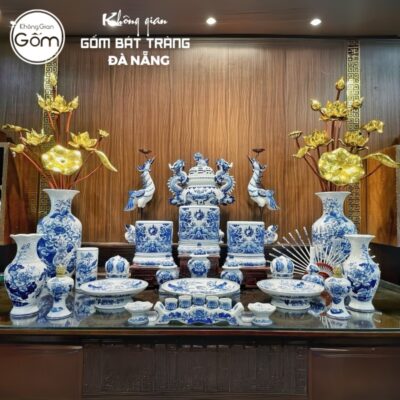Bộ đồ thờ có đỉnh hạc men lam hoạ tiết song long liên hoa tại Đà Nẵng BT-BĐT43