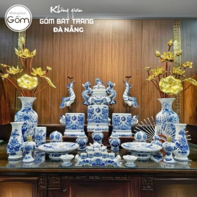 Bộ đồ thờ có đỉnh hạc men lam hoạ tiết song long liên hoa tại Đà Nẵng BT-BĐT44