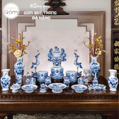 Bộ đồ thờ men lam có đỉnh hạc họa tiết song long liên hoa tại Đà Nẵng BT-BĐT20