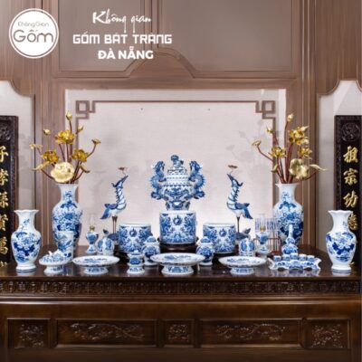 Bộ đồ thờ men lam có đỉnh hạc họa tiết song long liên hoa tại Đà Nẵng BT-BĐT16