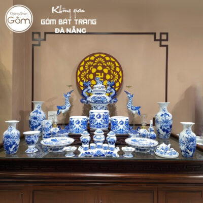 Bộ đồ thờ men lam có đỉnh hạc họa tiết song long liên hoa tại Đà Nẵng BT-BĐT165