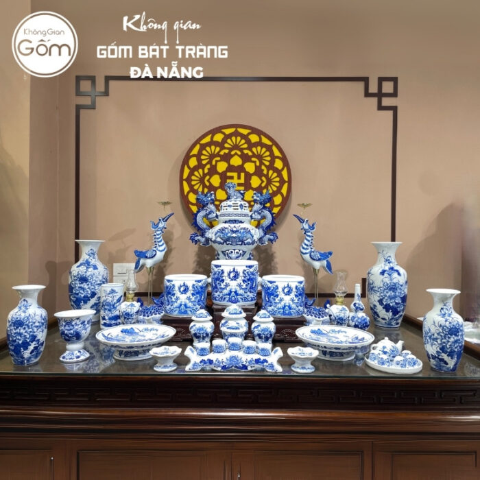 Bộ đồ thờ men lam có đỉnh hạc họa tiết song long liên hoa tại Đà Nẵng BT-BĐT165